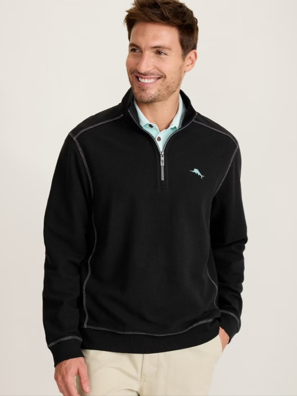 Tommy Bahama Montego Beach Half-Zip Sweatshirt Black Oversized Comfort Nautical
